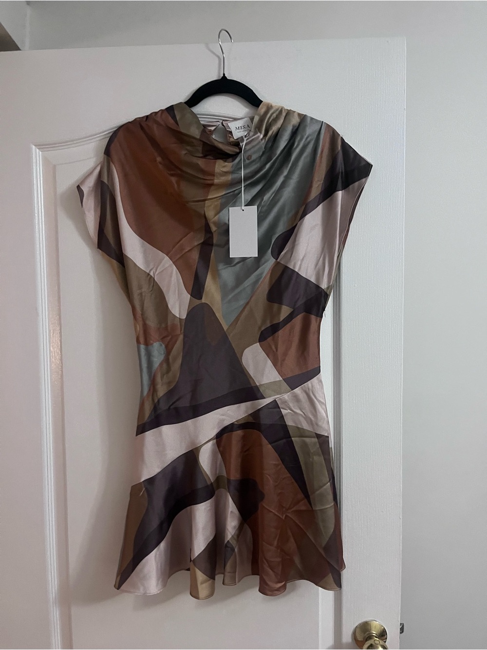 Misa Los Angeles Abstract Geo Mini Dress in Brown, Tan & Cream